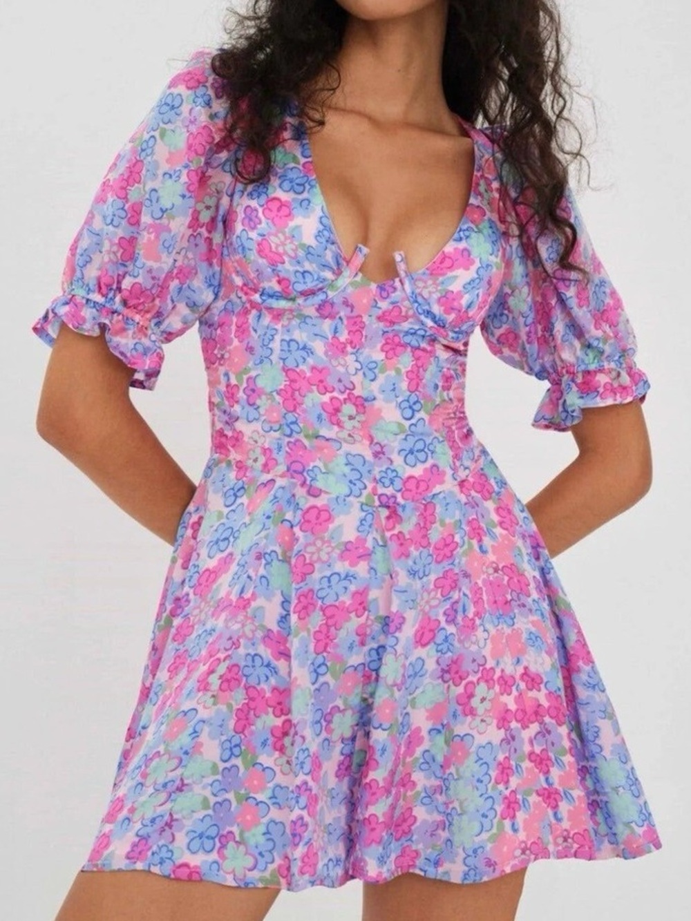 For Love & Lemons X Free People Women M Floral Angie Puff Sleeve Mini Dress NWT